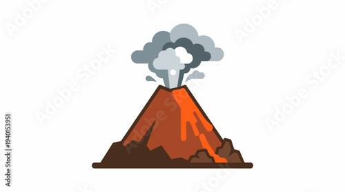 Vibrant cartoon volcano eruption vector illustration with billowing smoke plume and glowing flowing lava on a white background.