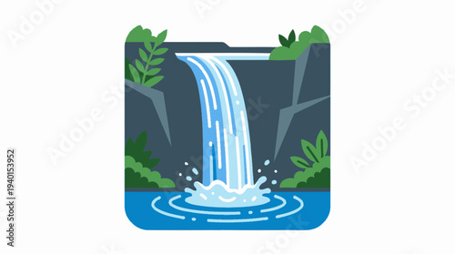 Beautiful flat design illustration of a majestic waterfall cascading into a clear blue pool in a natural landscape setting