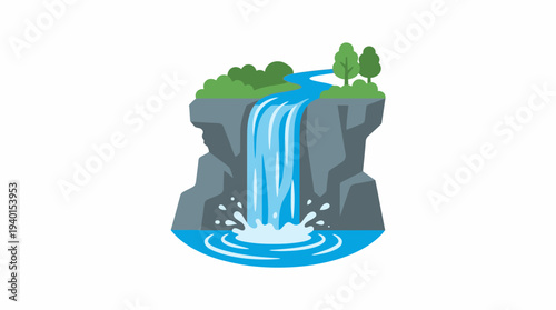 Flat design illustration of a majestic waterfall cascading down a rocky cliff. Winding river, green trees, and water splash below. Nature scene.