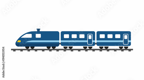 Modern blue passenger train on railway tracks illustration, high-speed transportation icon, sleek flat design vector for travel.