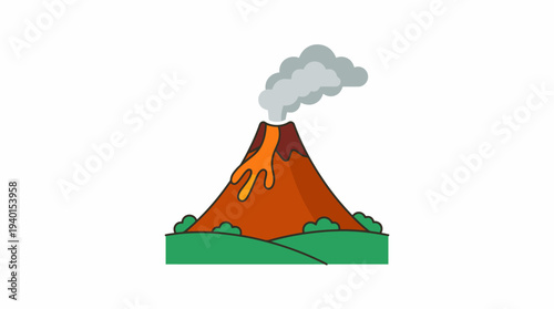 Active Volcano Eruption with Flowing Lava and Smoke Cloud, Flat Design Illustration on White Background