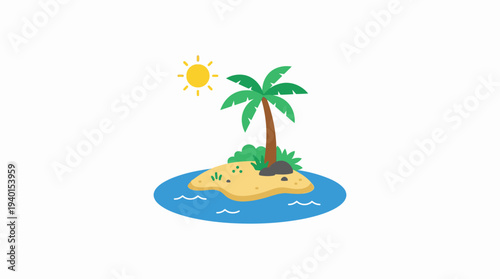 Tropical island with palm tree illustration, sunny beach and blue ocean waves. Simple vector graphic for travel and paradise concepts.