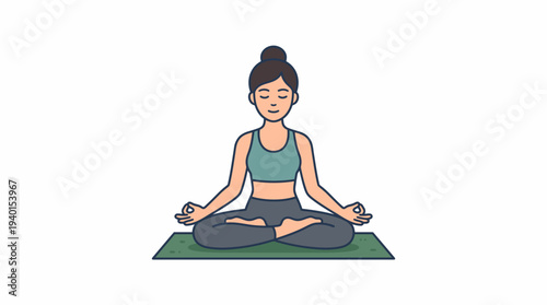 Woman meditating in lotus pose on a yoga mat, practicing mindfulness and relaxation. Flat vector illustration of health and wellness.