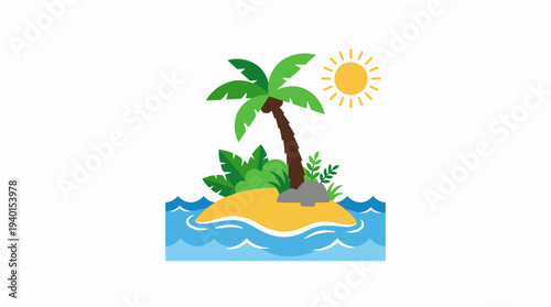 Tropical island illustration with palm tree, sun, and ocean waves. Flat design vector graphic depicting a paradise vacation.