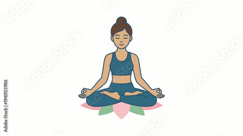 Woman meditating in lotus position on a lotus flower for mindfulness, calm, and spiritual well-being, vector illustration.