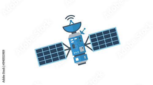 Satellite communication technology illustration. Modern orbital spacecraft with solar panels for global connectivity and data transmission.