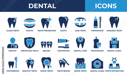 Dental icon set. Consisting of blue icons such as mouth, cavity, infection, braces, dentist, and many more.
