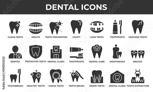 Dental icon set. Consisting of solid icons such as mouth, cavity, infection, braces, dentist, and many more.