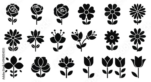A collection of various flower illustrations arranged in a grid pattern.
