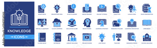 Knowledge icon collection set. Containing design Learning Innovation, Brainstorm Idea, Teacher, Ebook Reader, Online Tutorial. Solid icon collection.