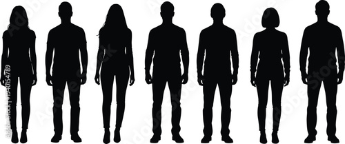 Set of diverse human silhouettes men and women standing in row isolated vector illustration for crowd team profile body shape reference collection