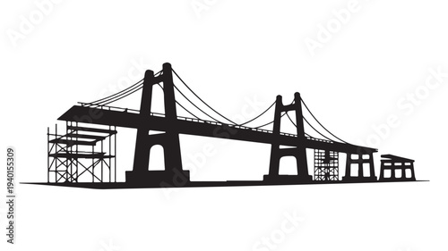 Suspension Bridge Under Construction in Modern Silhouette with Dramatic Lighting on White Background for Infrastructure Project