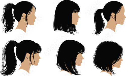 Women hairstyle side view collection female haircuts ponytail bob and short styles beauty salon illustration isolated on white background