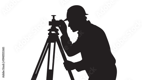 Surveyor silhouette with camera on tripod in dark mysterious tone on white background for professional services