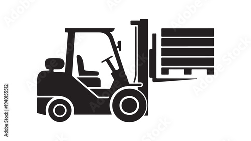 Forklift with pallet in simple flat design in black silhouette on white background for logistics icon