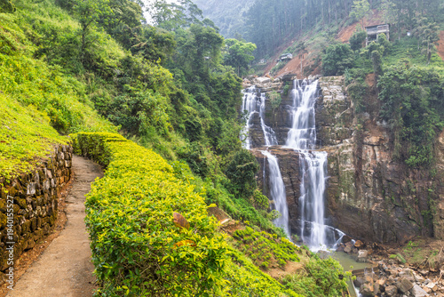 Ramboda Waterfall near Nuwara Eliya town in Sri Lanka. Footpath Alongside Lush Greenery with Majestic Waterfall Cascading Down a Rocky Cliff in a Tropical Landscape