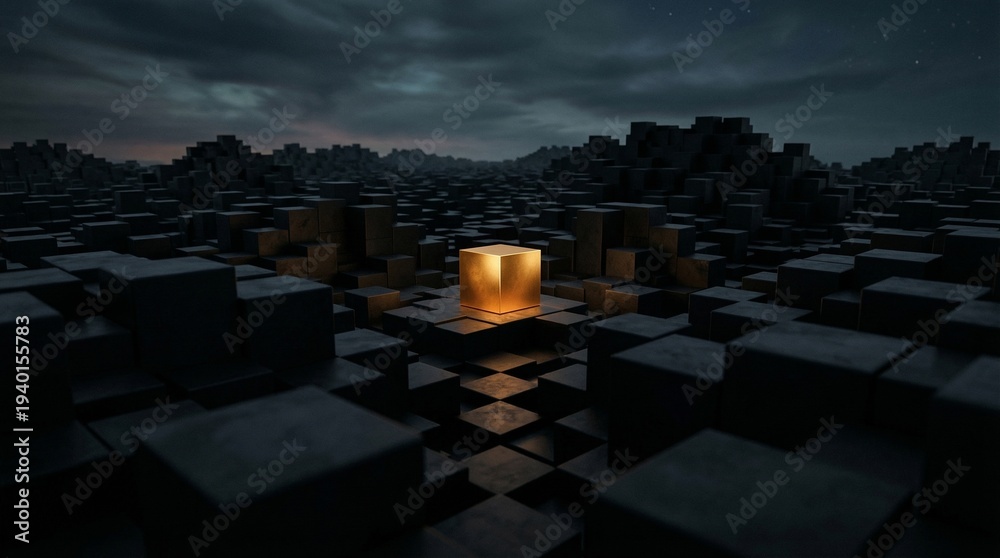 Obraz premium Glowing golden cube on a dark, futuristic cityscape, abstract concept, dramatic lighting, sci-fi.