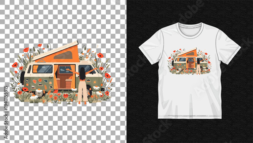 Campervan graphic design on a white t-shirt, surrounded by foliage and flowers, isolated on transparent background, viewed from the front.