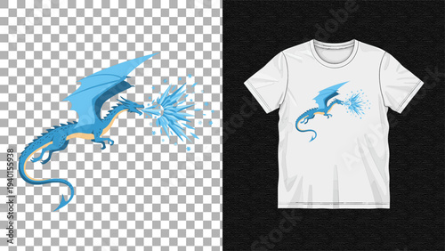 Dragon graphic design on a white t-shirt, viewed from the front, showcasing a blue dragon on a transparent background alongside a product display