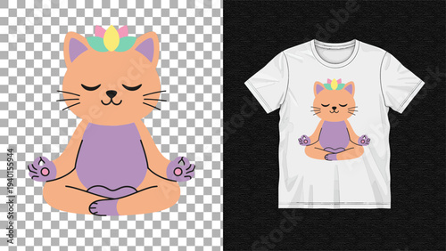 A cartoon cat in a meditative pose on a t-shirt design, representing relaxation and calmness, viewed from the front.