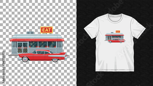 Vector illustration of trolleybus on transparent background printed on white t-shirt against black backdrop viewed from front