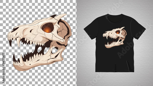 T-shirt design featuring a dinosaur skull graphic on a black shirt, displayed alongside the original skull image on a transparent background.