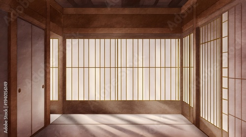 Serene Japanese room illustration evokes tranquility with tatami mats and soft diffused light textures