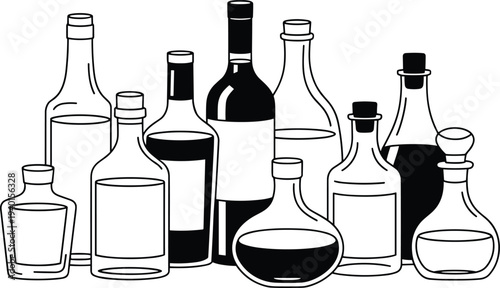 Bottle collection illustration, wine bottles, decanters, flasks, glassware silhouettes, beverage containers, chemistry bottles, diverse shapes, liquid filled, empty bottles