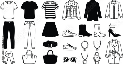 Set of 20 fashion icons vector, clothing and accessories
