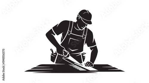 Carpenter at work in monochrome illustration with bold lines and stark contrast for graphic design