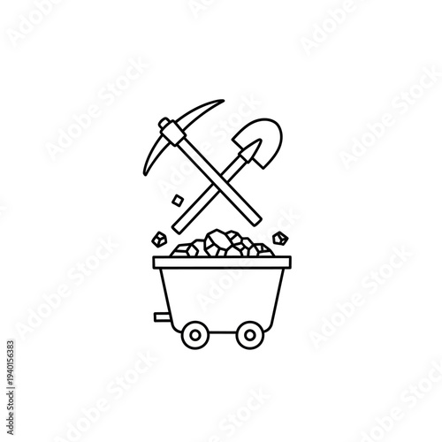 Mining Concept Illustration with Pickaxe and Cart Filled with Rocks