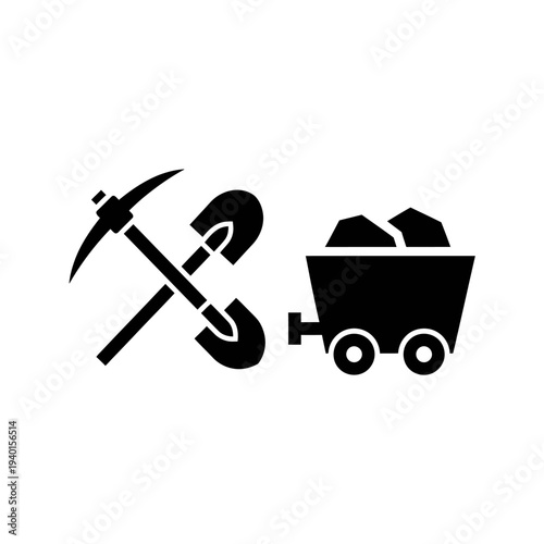 Mining Equipment Icon with Pickaxe and Trolley for Extraction Industry