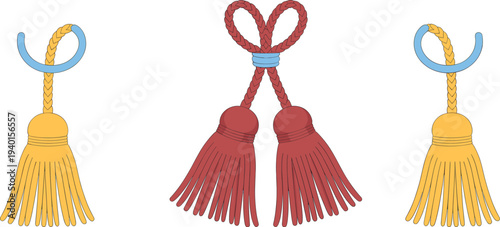 Decorative tassel ornament set, rope knot fringe accessories illustration for curtain tieback interior decoration vintage textile design