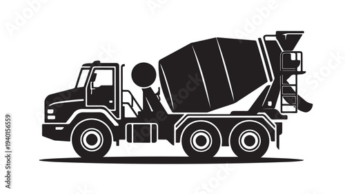 Concrete Mixer Truck Silhouette in Modern Minimalist Style with High Contrast Lighting on White Background for Construction Industry