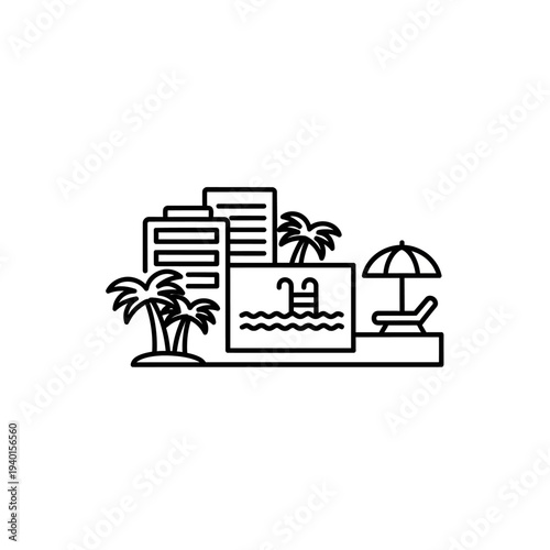 Modern Cityscape with Poolside Lounge Area and Tropical Decor