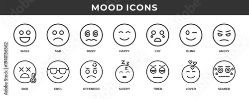 Mood icon set. Consisting of line icons such as smile, happy, sad, angry, tired, and many more.
