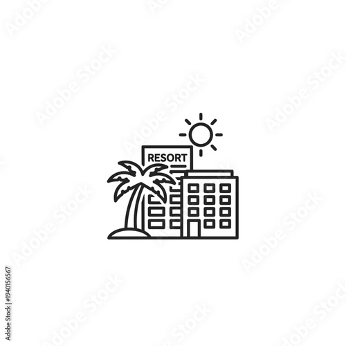 Modern Beachside Resort Building with Palm Tree and Sunny Sky