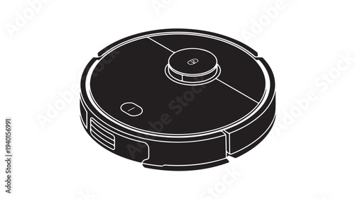 Robot Vacuum Cleaner in Minimalist Design with Simple White Outline on Black Background for Technology Advertising