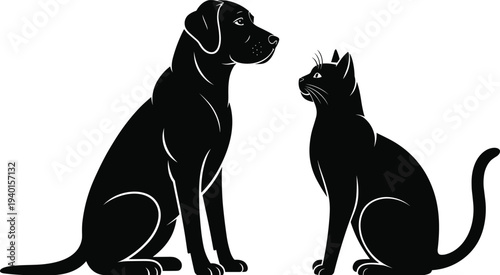 Dog and cat silhouette illustration, domestic pet animals sitting together, companion animals symbol, veterinary care concept, pet friendship design