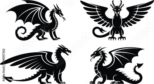Dragon silhouette collection, mythical fantasy creature vector set with wings and horns, medieval monster emblem design isolated illustration