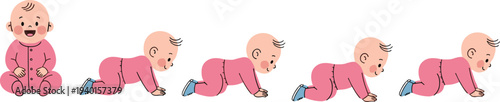 Cute baby crawling stages cartoon infant movement sequence vector illustration toddler learning to crawl development steps child growth concept