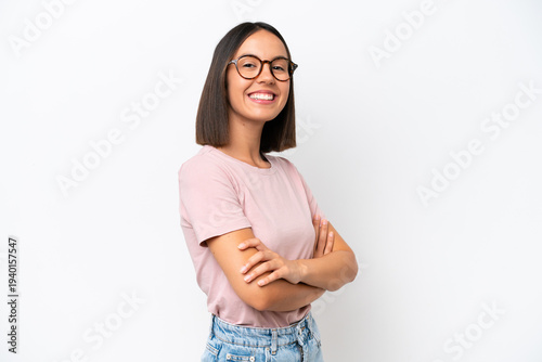 Young caucasian woman isolated on white background with arms crossed and looking forward