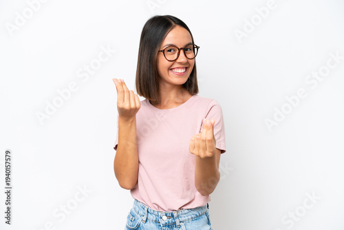 Young caucasian woman isolated on white background making money gesture