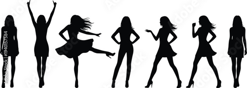 Black silhouette collection of eight energetic women dancing and posing in stylish casual short dresses for vector graphic design projects.