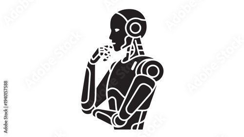 Robot thinking in minimalist black design with futuristic lines and white background for technology illustration