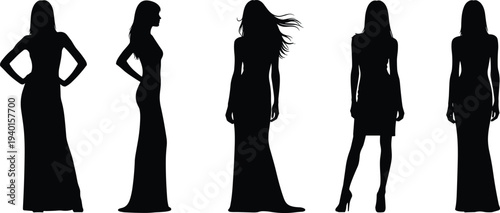 Black silhouette collection of five elegant women posing in long evening gowns for fashion apparel vector graphic design stock projects.
