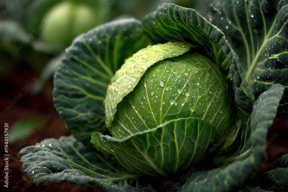 Obraz premium Fresh green cabbage growing in garden with dewdrops