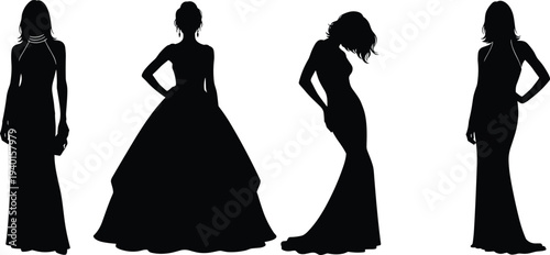 Black silhouette collection of four elegant women posing in beautiful long evening gowns for fashion apparel vector graphic design projects.