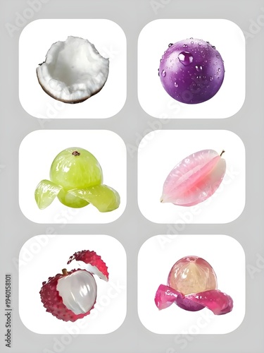 Vector collection of colorful labels featuring a sweet set of ice cream balls and chocolate shapes with healthy fruit icons like apple, strawberry, and banana in a circular design