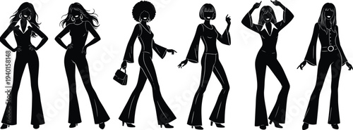 Black silhouette collection of six women in retro seventies fashion disco style wearing flared pants for apparel vector graphic design.